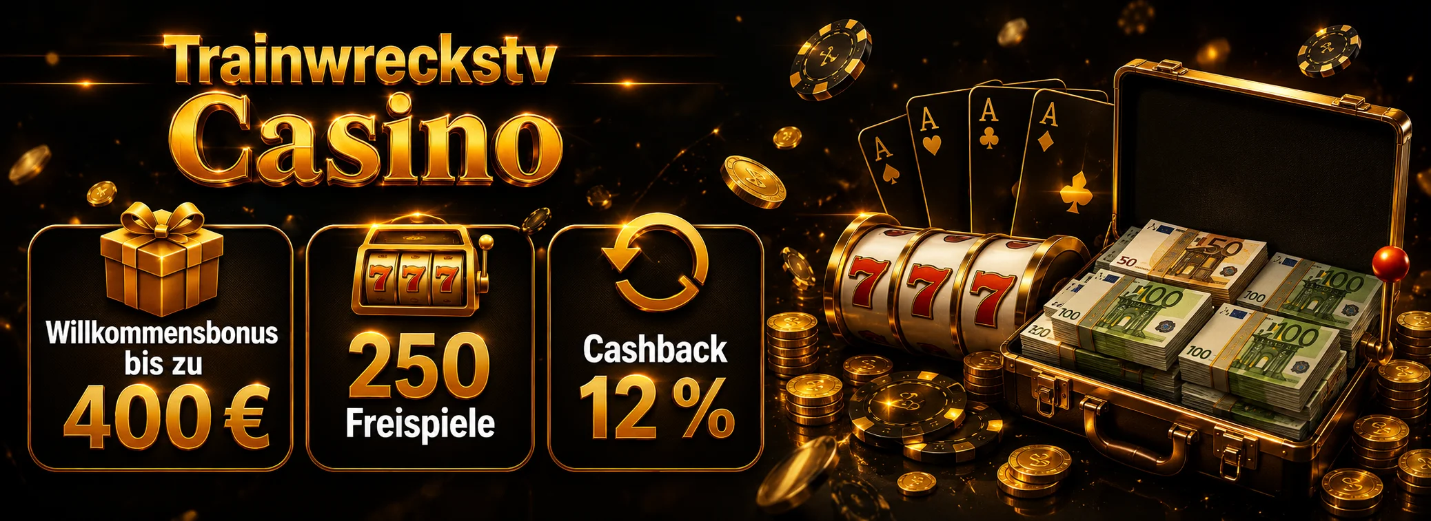 Willkommensbonus von Trainwreckstv Casino: 100 Prozent bis 400 Euro und 250 Freispiele ab 15 Euro Einzahlung